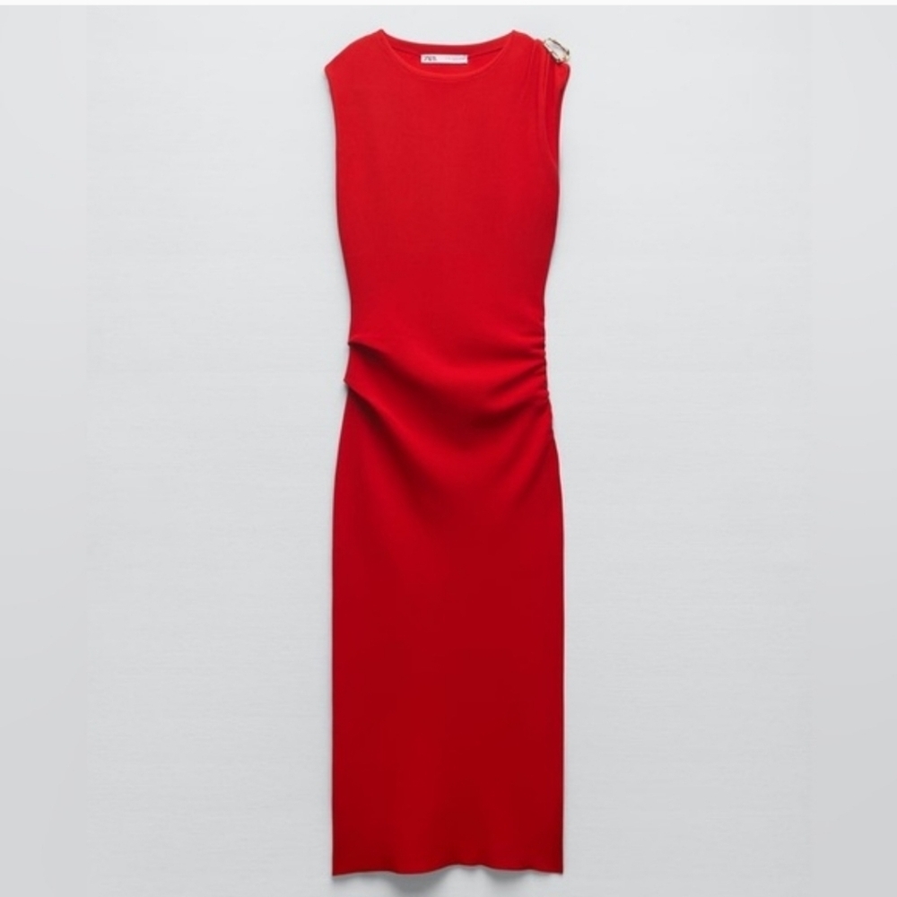 Zara Ruched Maxi Dress Pencil Sleeveless Pullover Hot Pink Sz Small Stretchy